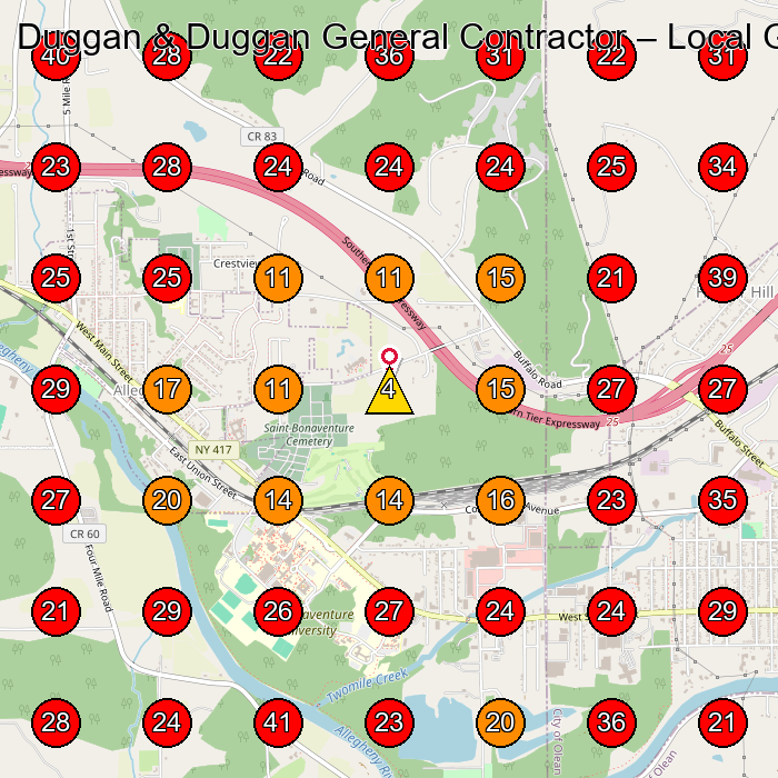 Duggan & Duggan General Contractor GeoGrid visibility map for Personal Injury Attorney in Olean